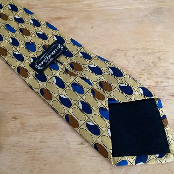 Jacobs Roberts Silk Tie with Repeating Oval Pattern in Gold, Blue & Brown Shades - Picture 5 of 9